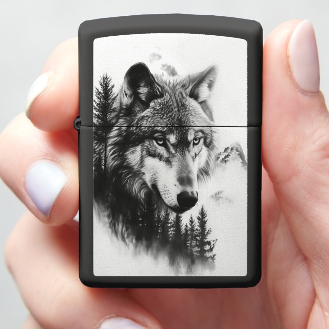 Majestic wolf gazes over a misty forest landscape zippo lighter (In Hand)