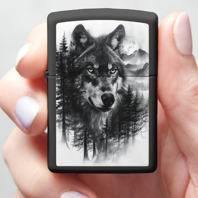 Majestic wolf gazes over moonlit forest landscape zippo lighter (In Hand)