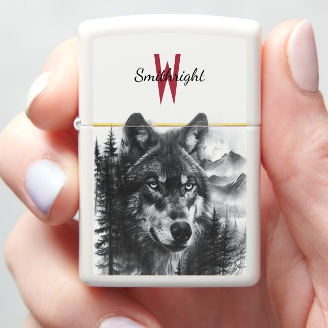 Majestic wolf gazes over moonlit forest landscape zippo lighter (In Hand)