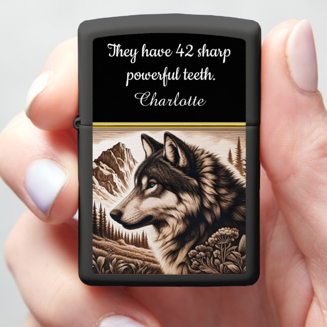 Majestic wolf gazes over serene mountain landscape zippo lighter (In Hand)
