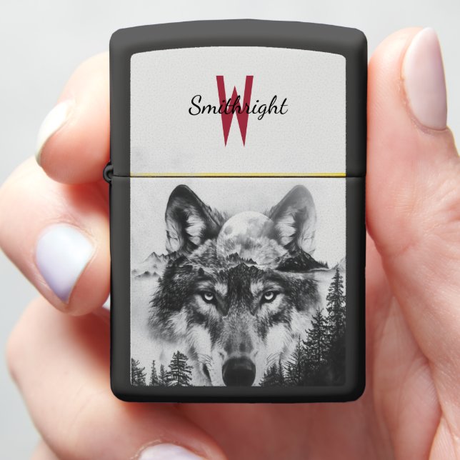 Majestic wolf gazing under a luminous full moon zippo lighter (In Hand)