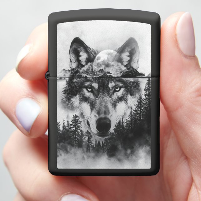 Majestic wolf gazing under a luminous full moon zippo lighter (In Hand)