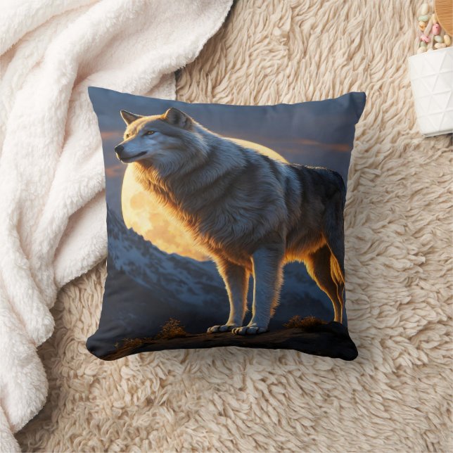 Majestic Wolf Guarding Mountain Under Full Moon Throw Pillow (Blanket)