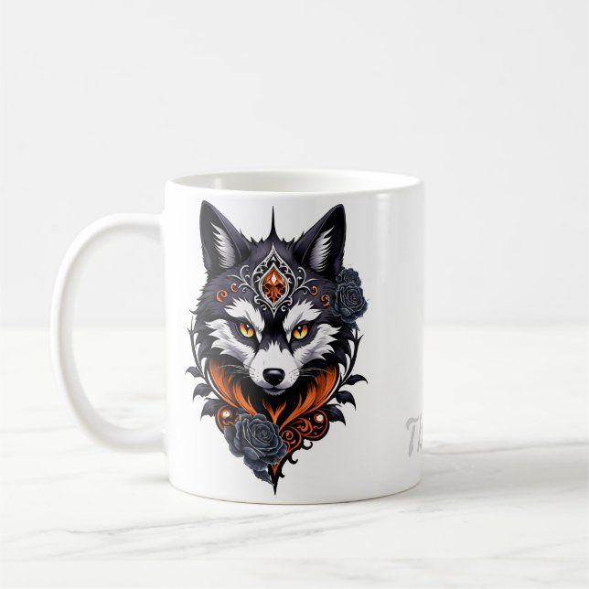 Majestic wolf head, finished in a deep, coffee mug (Left)