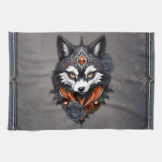 Majestic wolf head, finished in a deep, kitchen towel (Horizontal)