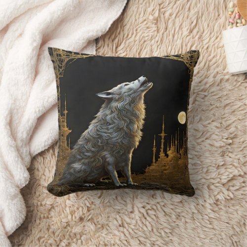 Majestic Wolf Howling at a Distant Moonlit City Throw Pillow