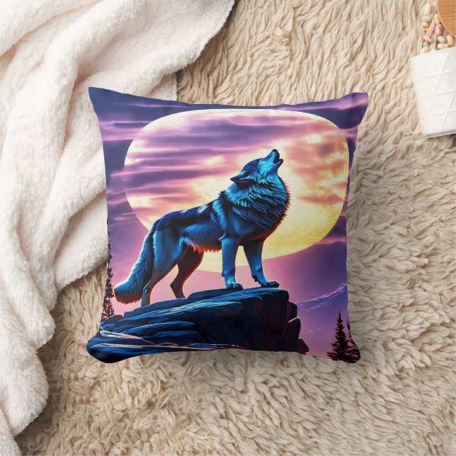 Majestic Wolf Howling at Moonlight.  Throw Pillow (Blanket)