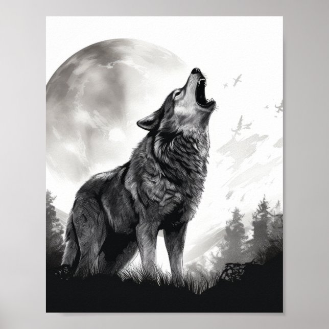 Majestic Wolf Howling at the Full Moon Poster (Front)