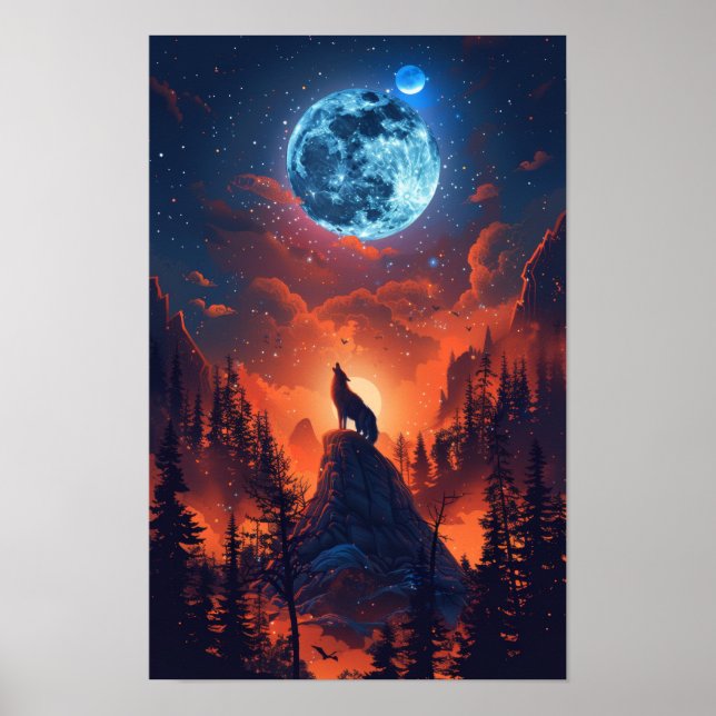 Majestic Wolf Howling at the Moon Poster (Front)