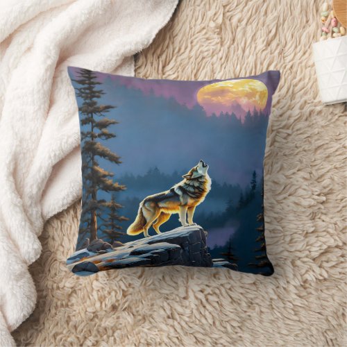 Majestic Wolf Howling Beneath Full Moonlit Sky Throw Pillow
