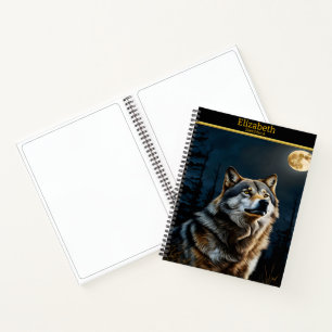 Majestic wolf howling beneath the bright full moon notebook