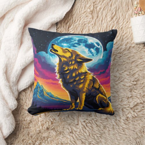 Majestic Wolf Howling Under a Full Moon Throw Pillow