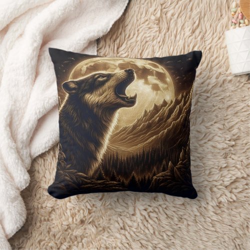 Majestic Wolf Howling Under Full Moon Glow Throw Pillow