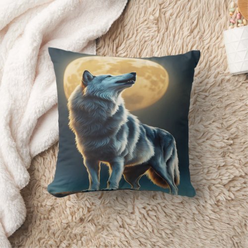 Majestic Wolf Howling Under Full Moonlight Throw Pillow