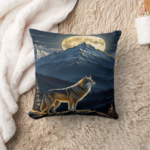 Majestic Wolf Howling Under Full Moonlight Throw Pillow