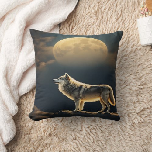 Majestic Wolf Howling Under Full Moonlit Sky Throw Pillow