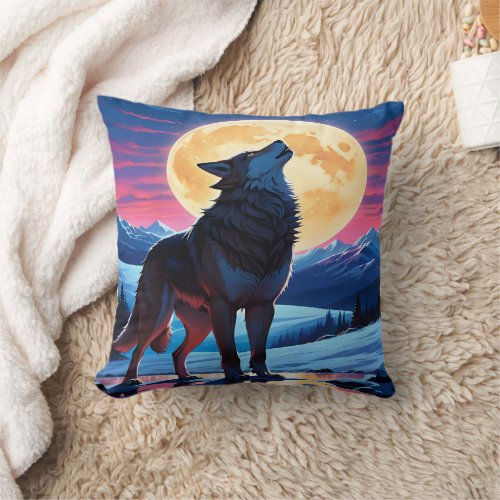 Majestic Wolf Howling Under Full Moonlit Sky Throw Pillow