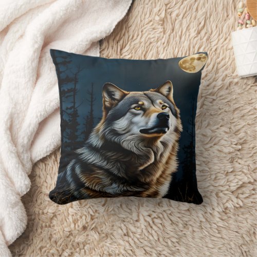 Majestic Wolf Howling Under Moonlit Sky Throw Pillow