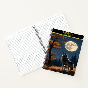 Majestic wolf howls at the full moon under stars notebook