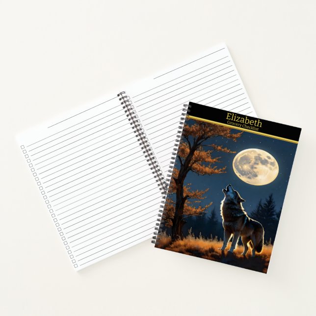 Majestic wolf howls at the full moon under stars notebook (Inside)