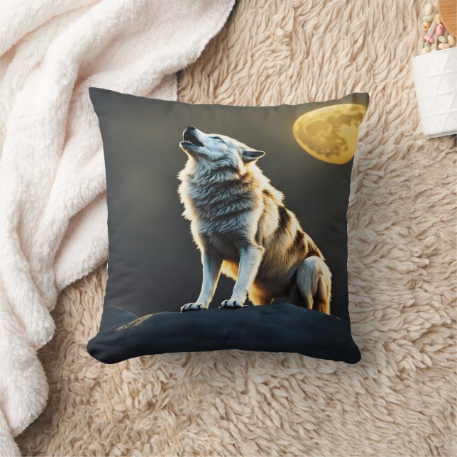 Majestic Wolf Howls Beneath Full Moon Throw Pillow (Blanket)
