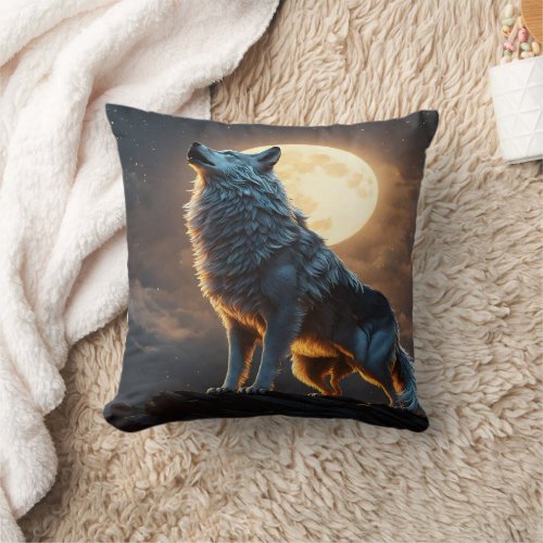 Majestic Wolf Howls Under Full Moonlit Sky Throw Pillow