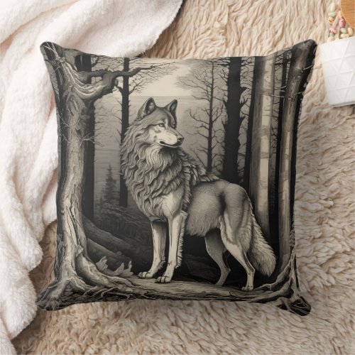 Majestic Wolf in Vintage Forest Etching Throw Pillow