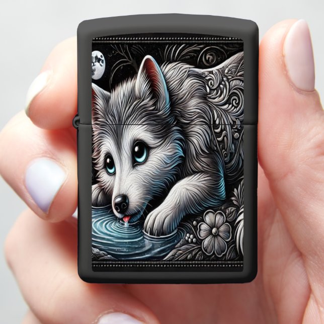 Majestic Wolf Moonlit Portrait Zippo Lighter (In Hand)