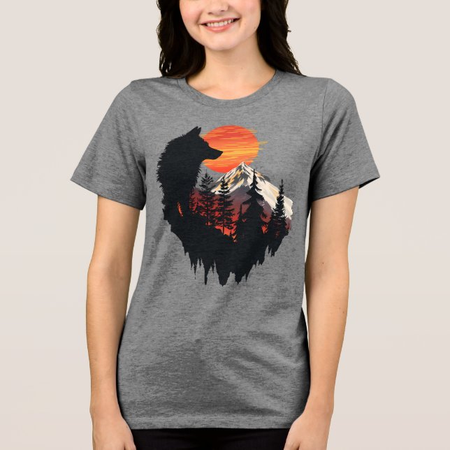 Majestic Wolf Mountain Sunset Graphic T-Shirt Tri-Blend Shirt (Front)