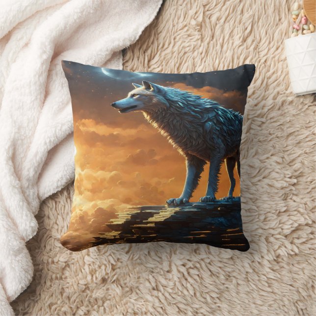 Majestic Wolf on Rocky Cliff at Dusk Throw Pillow (Blanket)