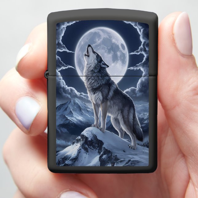 Majestic Wolf Overlooking Snowy Peak Zippo Lighter (In Hand)