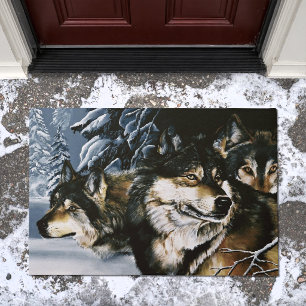 Majestic Wolf Pack Winter Snow Forest Wildlife Doormat