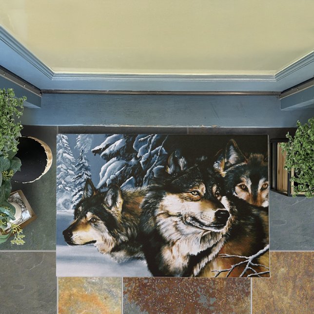 Majestic Wolf Pack Winter Snow Forest Wildlife Doormat (Creator Uploaded)