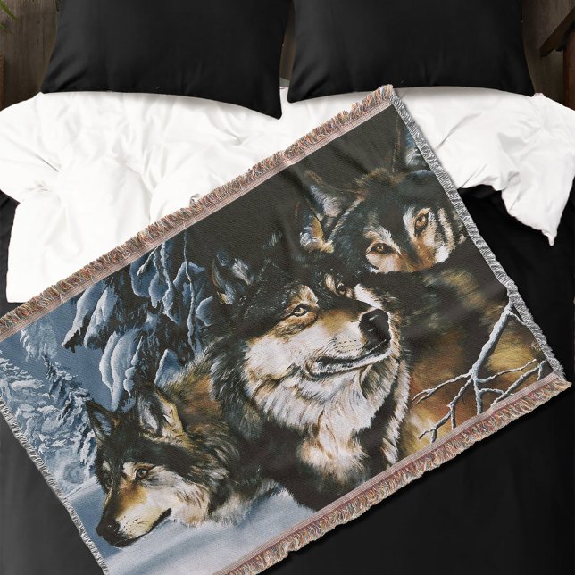 Majestic Wolf Pack Winter Snow Forest Wildlife Throw Blanket (Creator Uploaded)