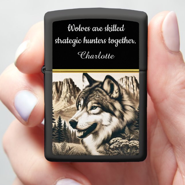 Majestic wolf perched in serene mountain landscape zippo lighter (In Hand)