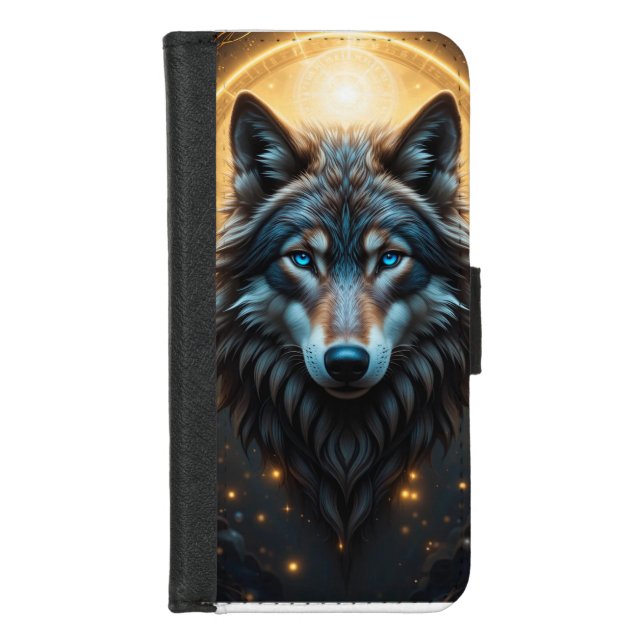 Majestic Wolf Portrait with Golden Aura iPhone Wallet Case (Front)
