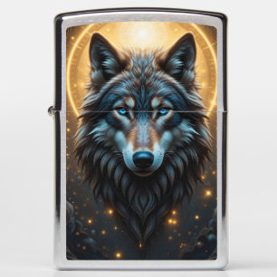 Majestic Wolf Portrait with Golden Aura Zippo Lighter