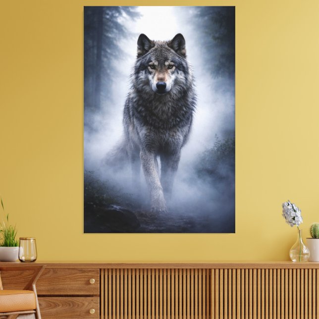 Majestic Wolf – Silent Presence in the Fog Canvas Print (Insitu(LivingRoom))