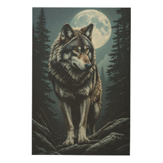 Majestic Wolf Under Full Moon Wood Wall Art
