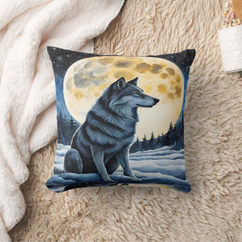 Majestic Wolf Under Full Moonlight Throw Pillow