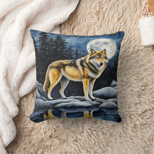 Majestic Wolf Under Full Moonlight Throw Pillow