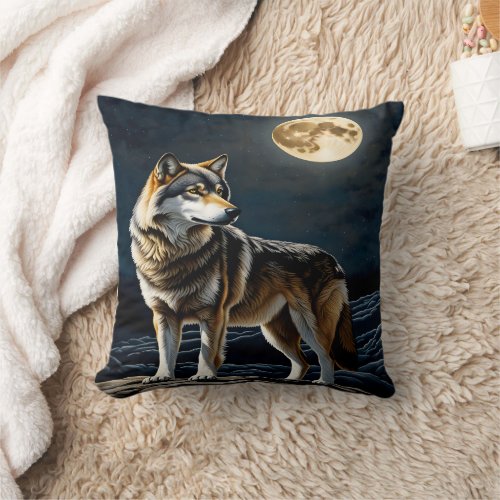 Majestic Wolf Under Full Moonlit Sky Throw Pillow