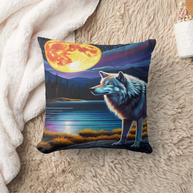 Majestic Wolf Under Glowing Full Moon at Lake Throw Pillow (Blanket)