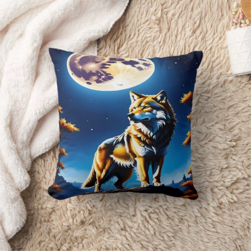 Majestic Wolf Under Glowing Full Moon Throw Pillow