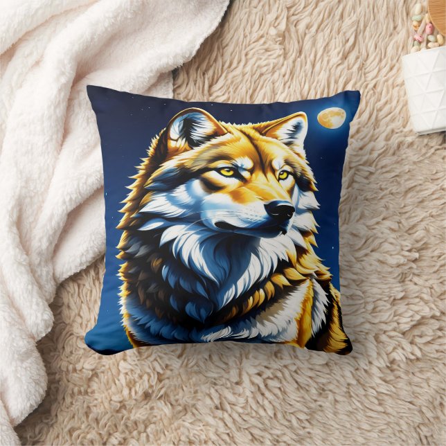 Majestic Wolf Under Moonlight.  Throw Pillow (Blanket)
