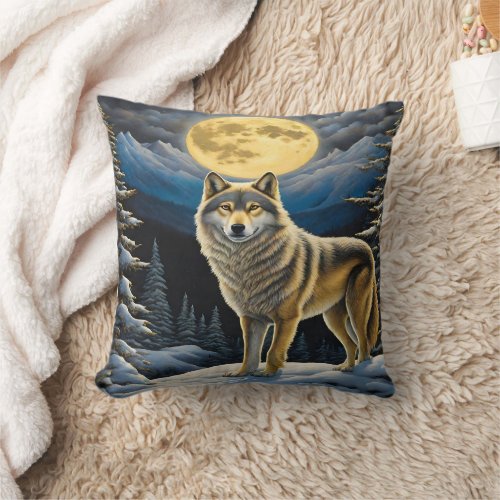 Majestic Wolf Under Moonlit Mountains Throw Pillow