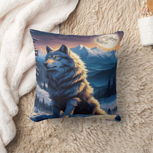 Majestic Wolf Under Moonlit Peaks Throw Pillow