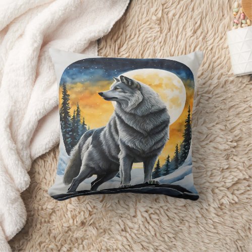 Majestic Wolf Under Moonlit Sky Throw Pillow