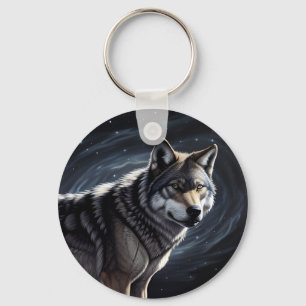 Majestic Wolf Under Starry Sky Keychain