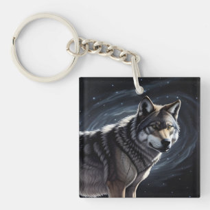 Majestic Wolf Under Starry Sky Keychain